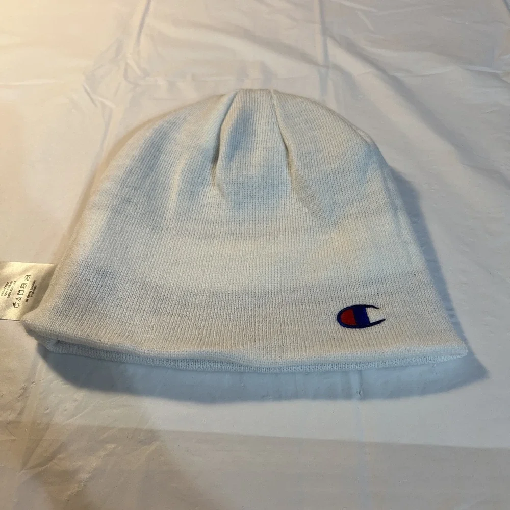 CHAMPION AUTHENTIC BEANIE HAT MEN'S REVERSIBLE OS WHITE EMBROIDERED LOGO DESIGN